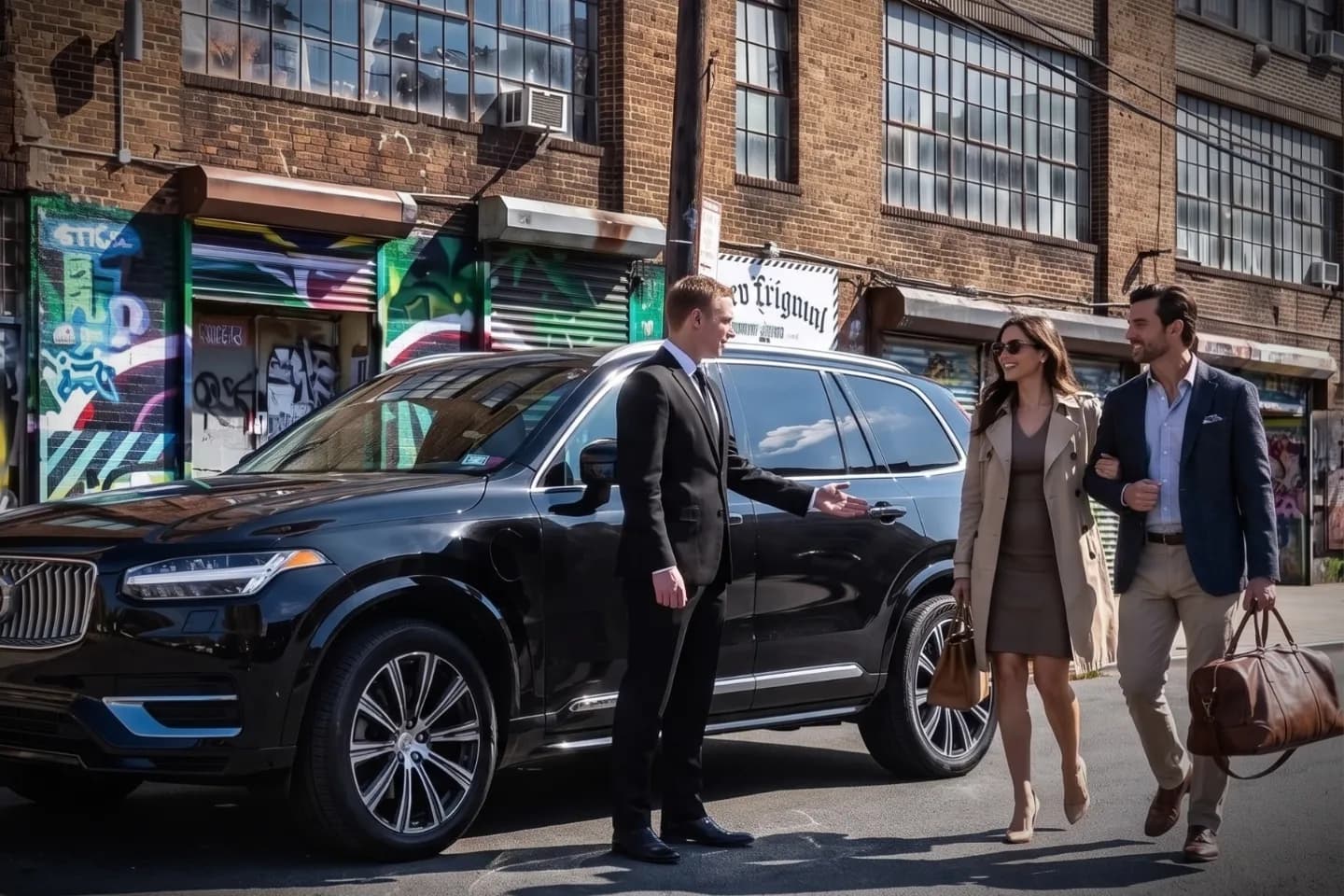 Premium chauffeur service vehicle traveling through East Williamsburg, Brooklyn, New York