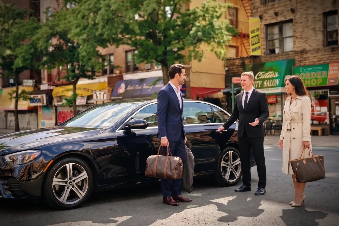 Clean luxury sedan parked near local shops in Flatbush, Brooklyn, NY