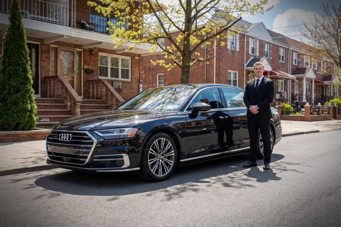 Premium chauffeur service vehicle traveling through Flatlands, Brooklyn, New York
