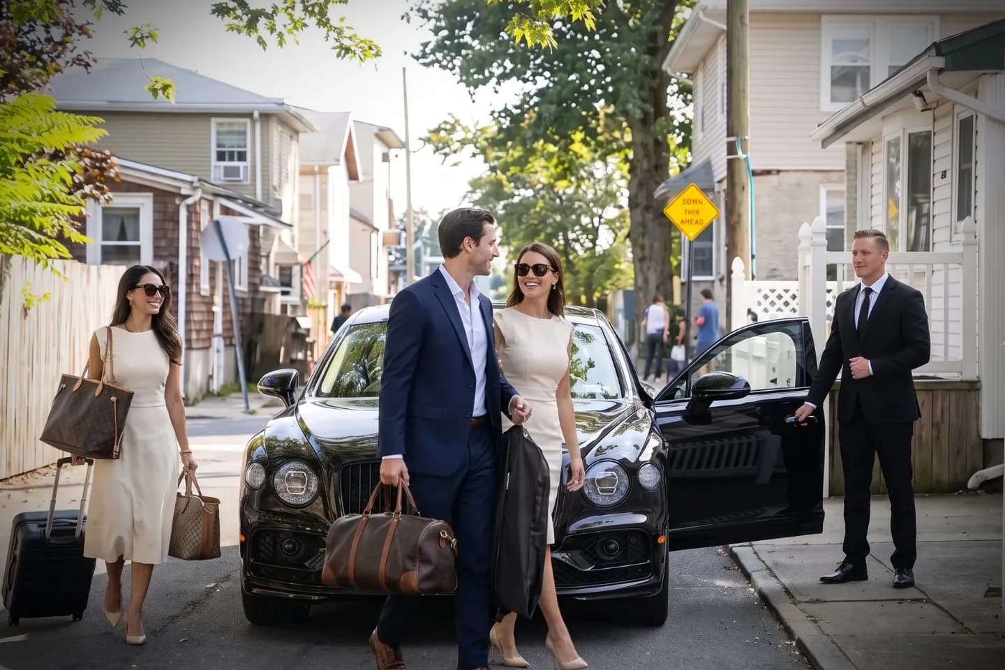 Airport-bound sedan loaded with suitcases in Gerritsen Beach, Brooklyn, NY