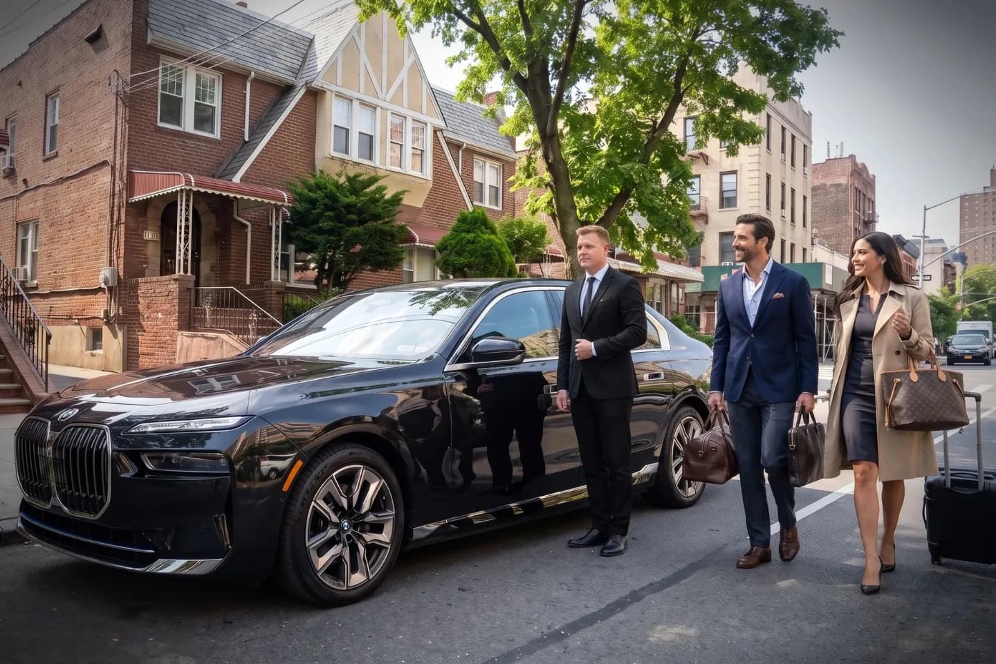 Smiling chauffeur greeting a passenger beside a sedan in Baychester, Bronx