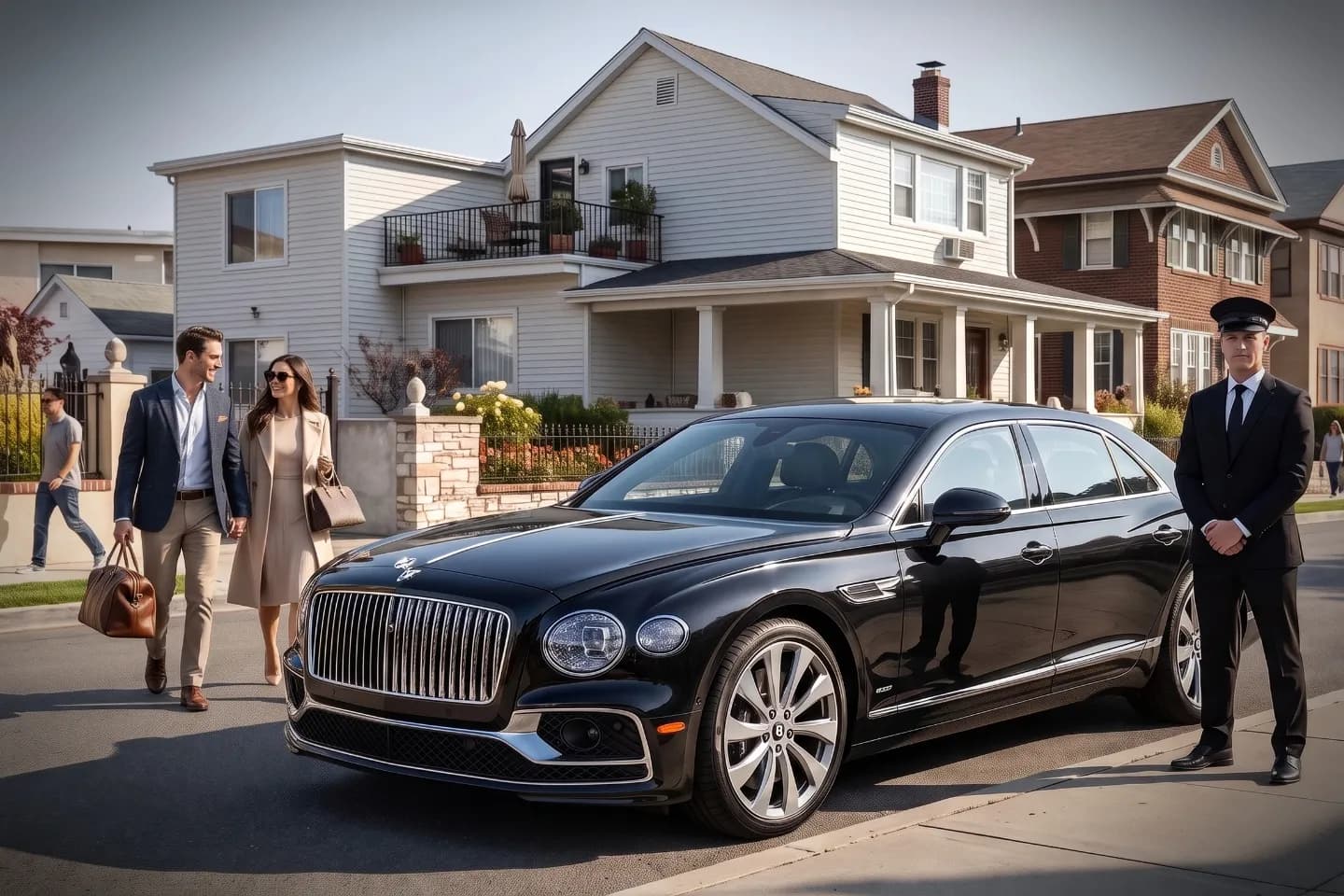 Corporate client boarding a black sedan for a Castle Hill, Bronx meeting