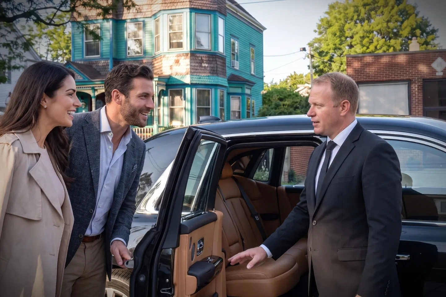 Executive town car idling at a City Island, Bronx apartment entrance