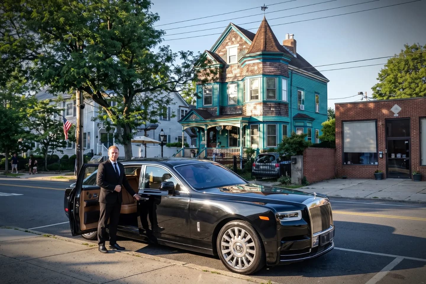 Shiny black limousine rolling past residential homes in City Island, Bronx