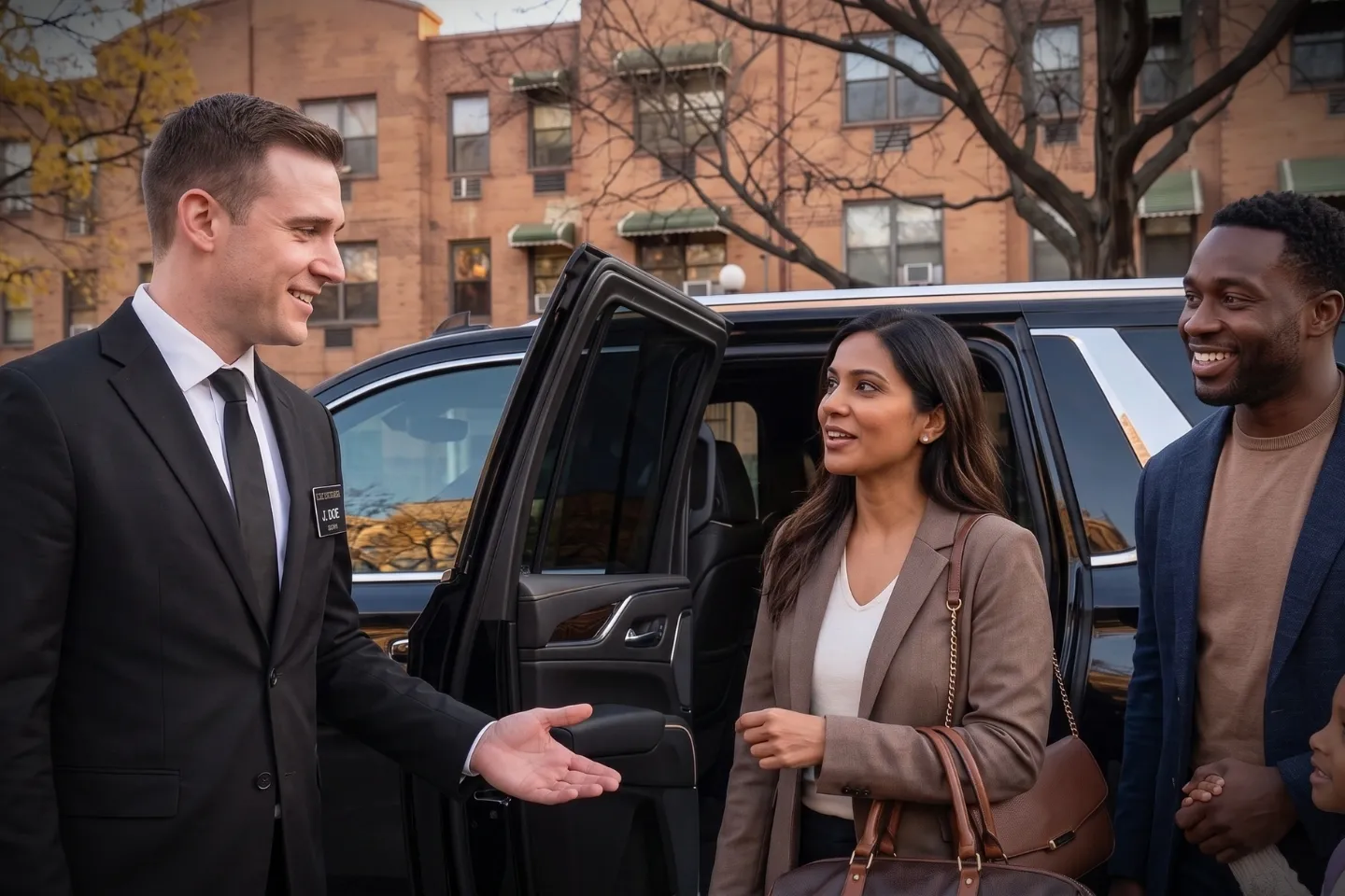 Corporate client boarding a black sedan for a Claremont, Bronx meeting