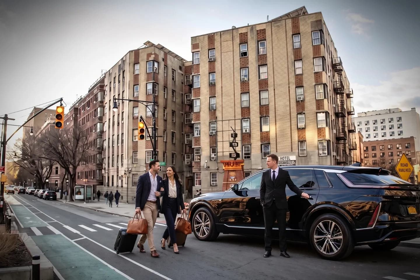 Passenger stepping into a chauffeured town car on a Concourse, Bronx street