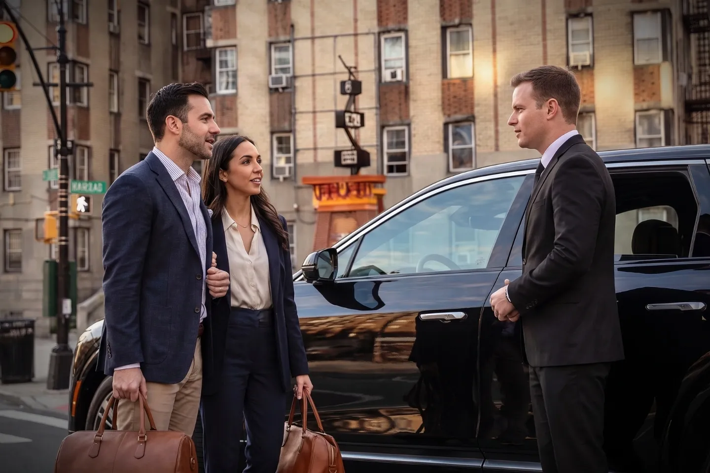 Professional chauffeur opening a rear door for a passenger in Concourse, Bronx