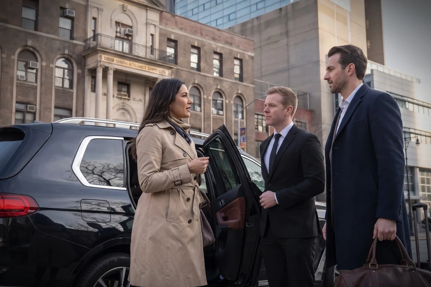 Smiling chauffeur greeting a passenger beside a sedan in Concourse Village, Bronx