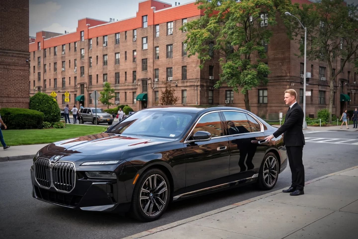 Reliable black car service sedan on a Eastchester, Bronx neighborhood road