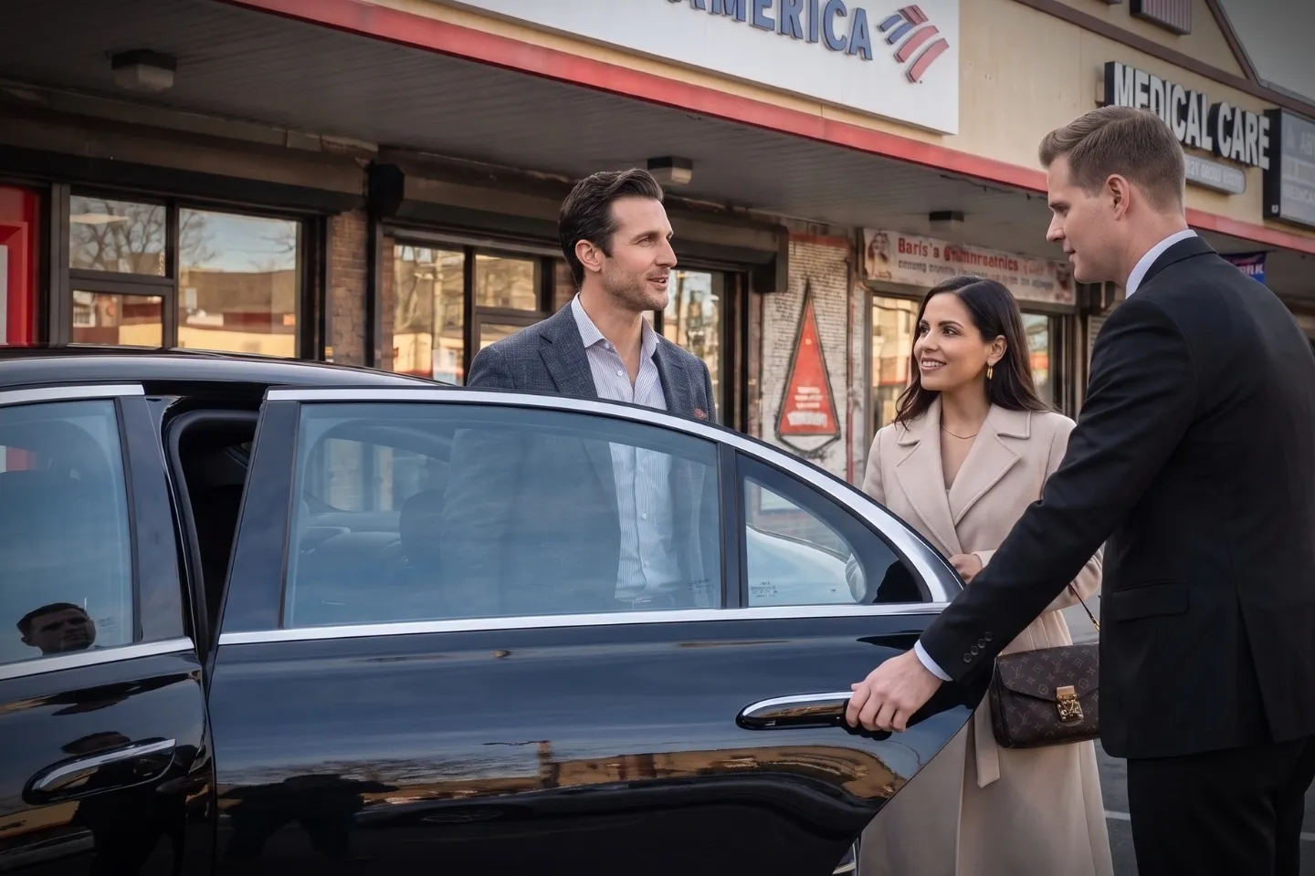 Passenger stepping into a chauffeured town car on a Edenwald, Bronx street
