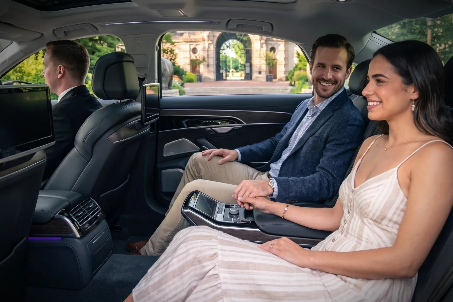 Professional chauffeur opening a rear door for a passenger in Fieldston, Bronx