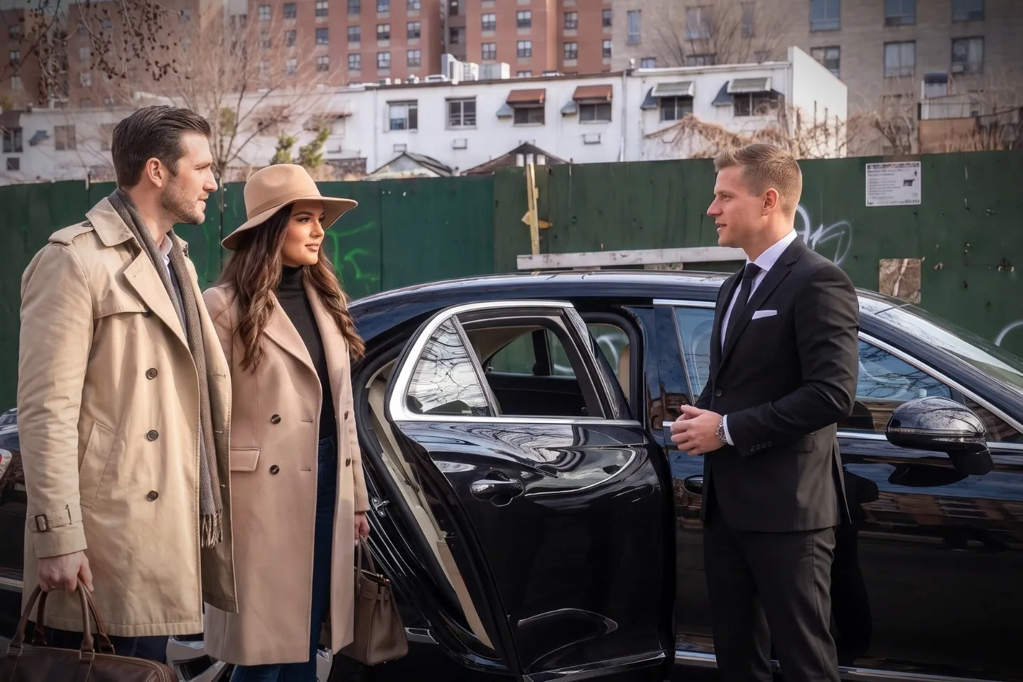 Well-dressed driver holding the door of a limousine in Foxhurst, Bronx NY