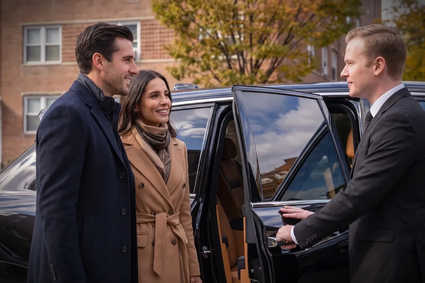 Professional chauffeur opening a rear door for a passenger in Jerome Park, Bronx
