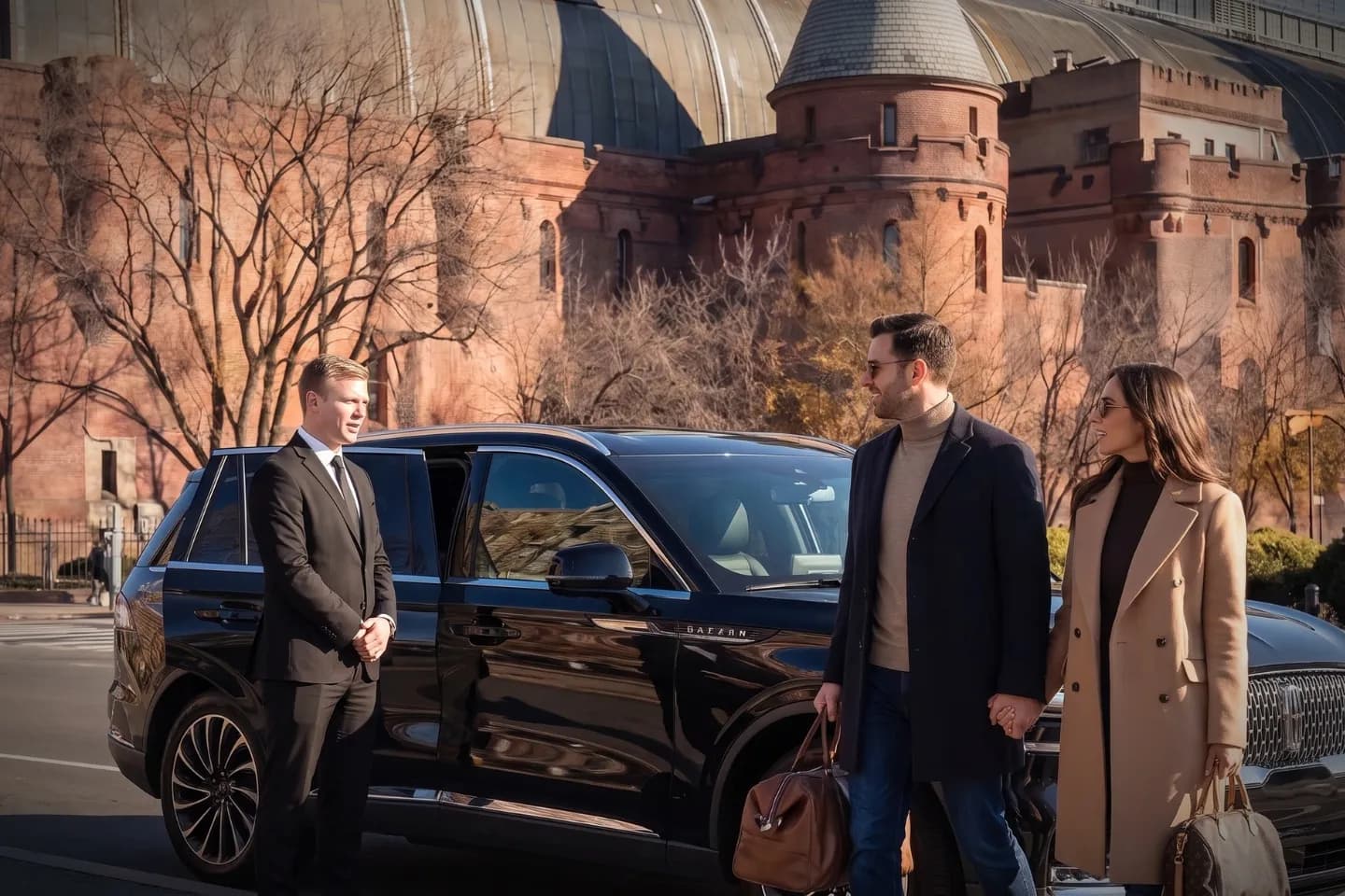 Weekend chauffeur service sedan parked on a quiet Kingsbridge, Bronx block