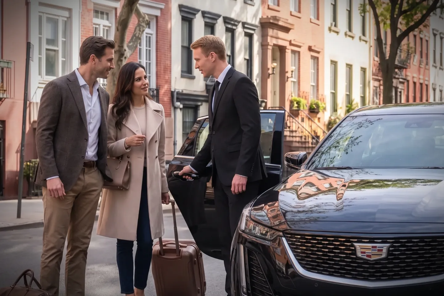 Professional chauffeur opening the car door for a passenger outside an Alphabet City apartment building