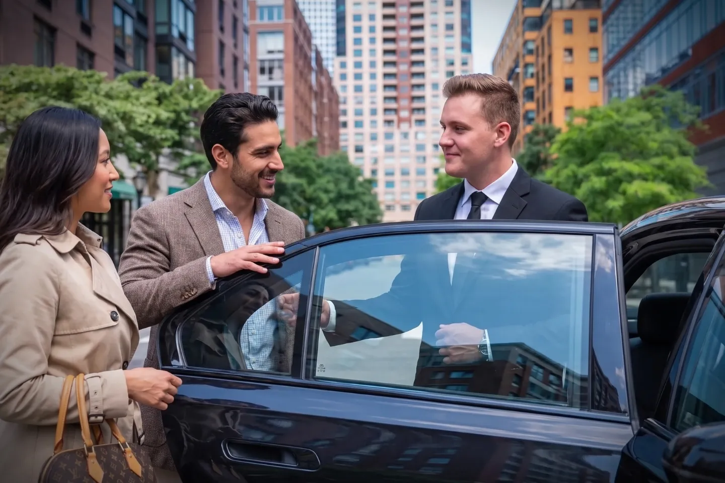 Professional chauffeur opening the car door for a passenger outside a Battery Park City residential tower