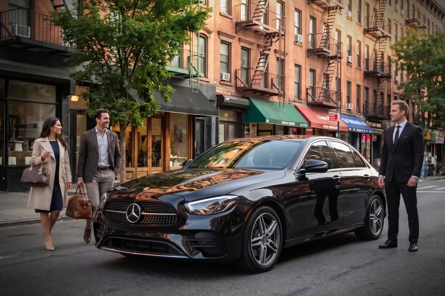 Premium black car driving past historic brownstones in Bloomingdale District, Manhattan