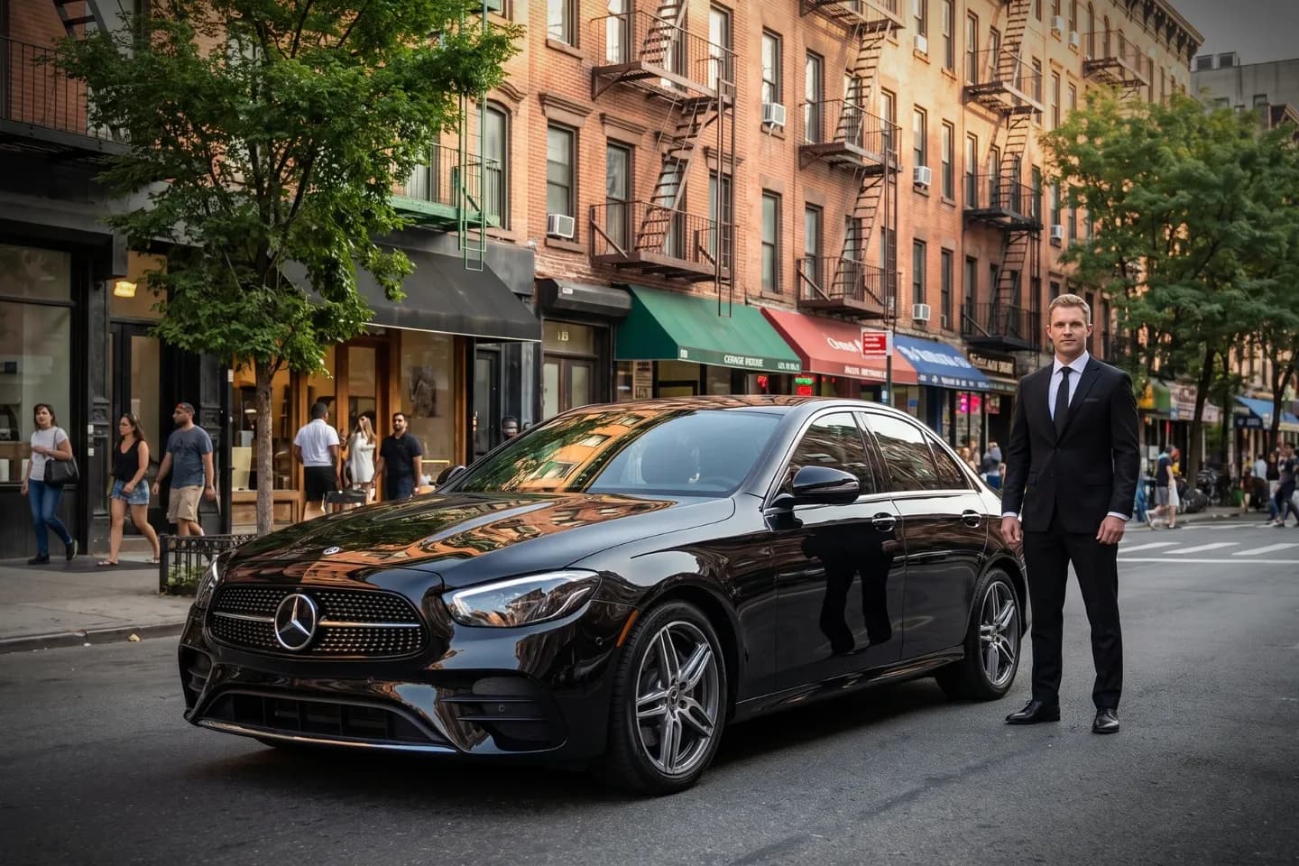 Suited chauffeur opening an executive black sedan door near Bloomingdale District, NY