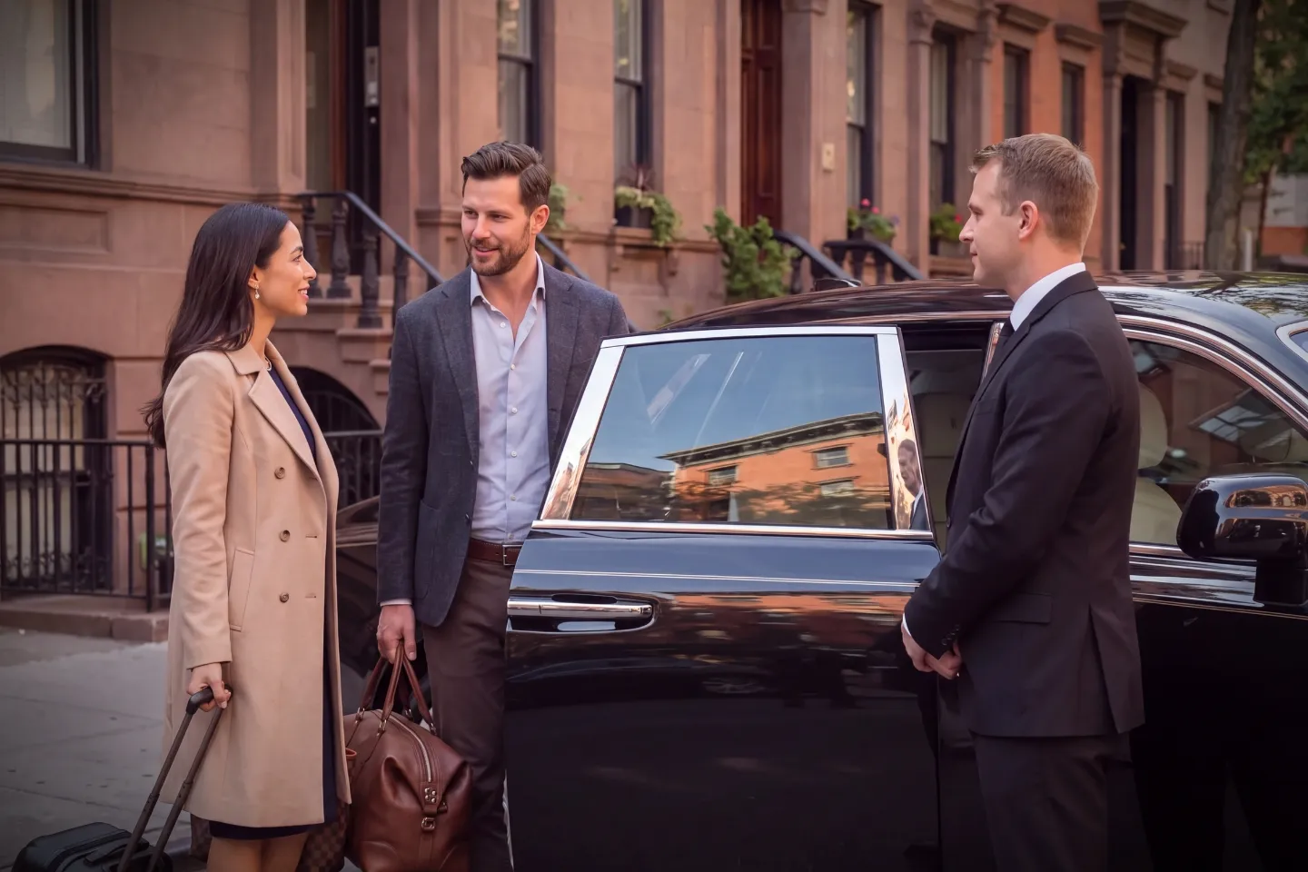 Premium black car driving past historic townhouses and art galleries in Chelsea, Manhattan
