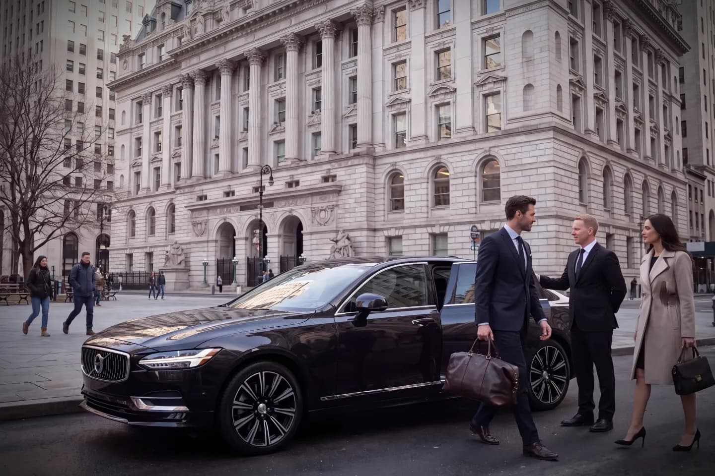 Premium black car driving past government and civic buildings in Civic Center, Manhattan