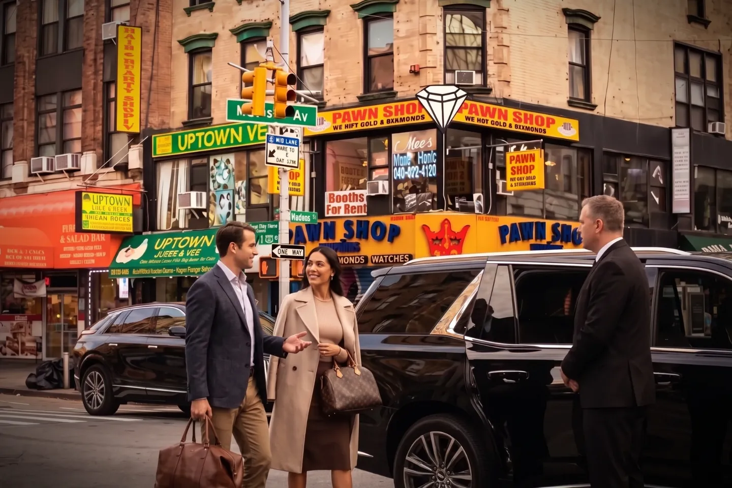 Premium black car driving past historic streetscapes and murals in East Harlem, Manhattan