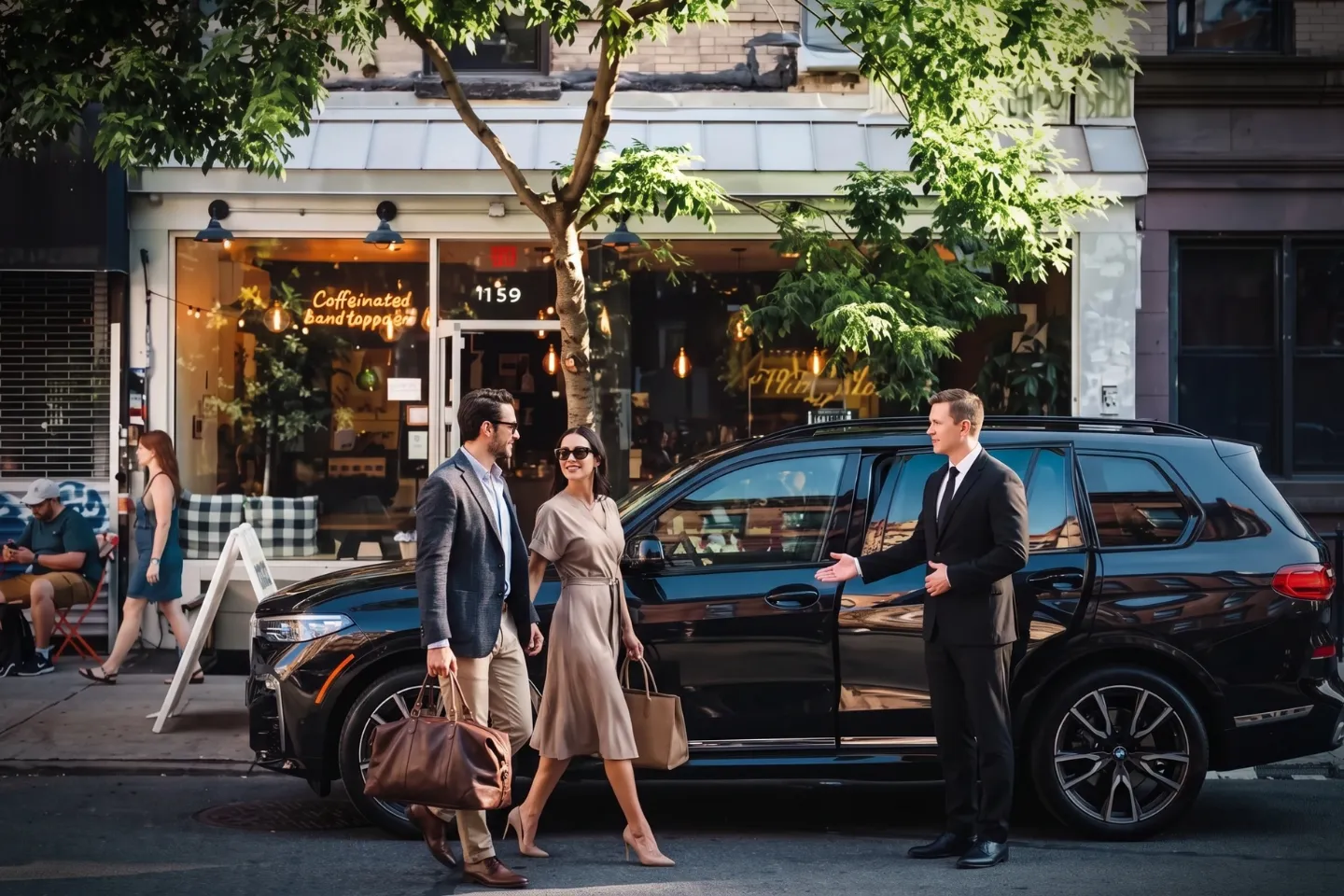 Premium black car driving past historic brownstones and vibrant shops in East Village, Manhattan