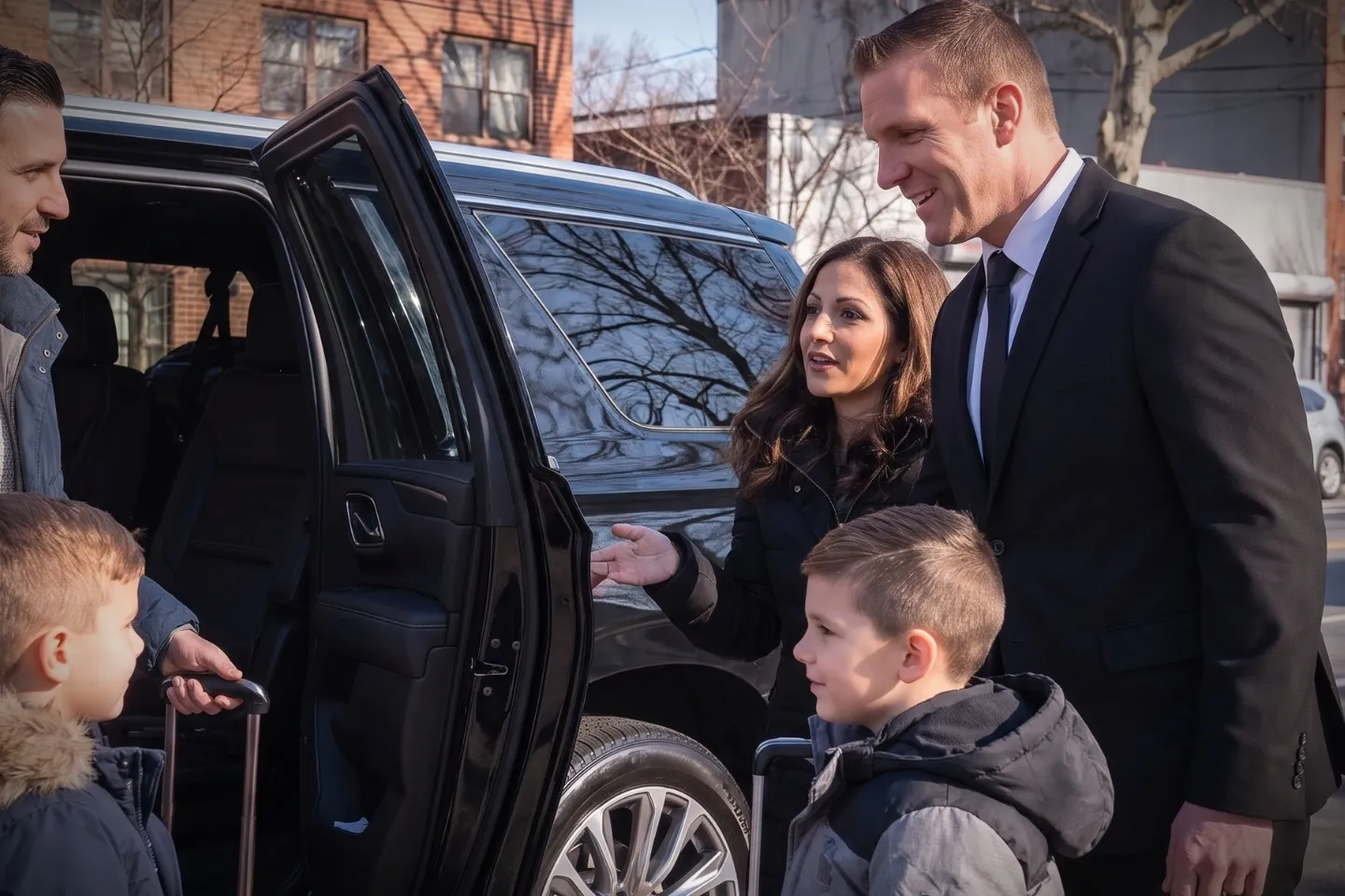 Business traveler boarding an executive sedan in Laconia, Bronx NY