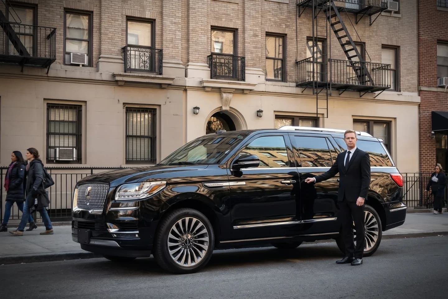 Shiny black limousine rolling past residential homes in Longwood, Bronx