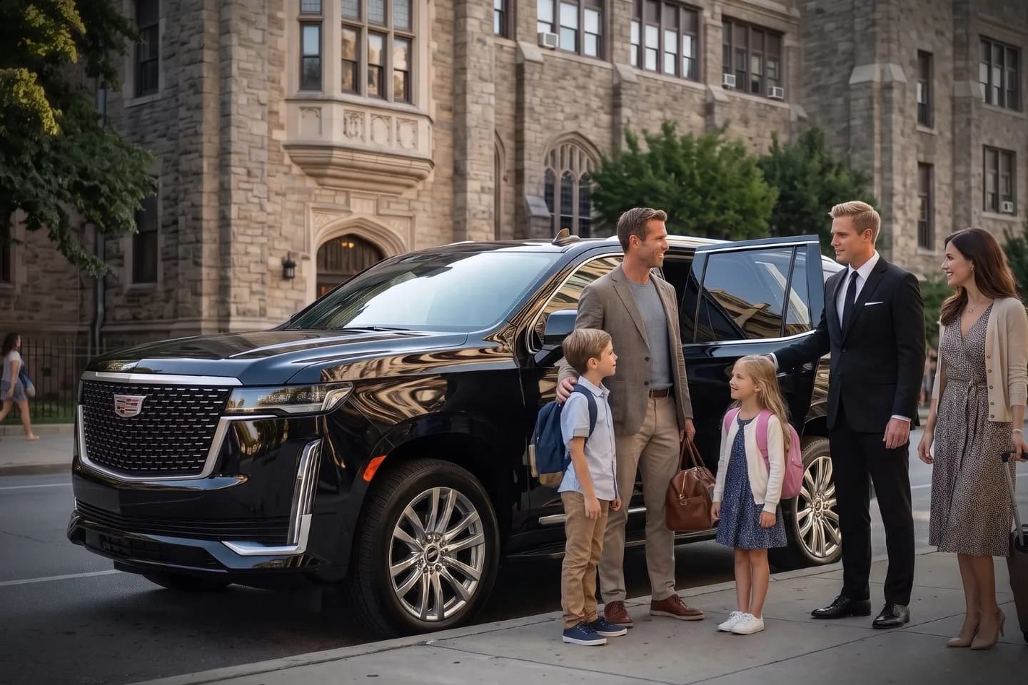 Corporate client boarding a black sedan for a Melrose, Bronx meeting