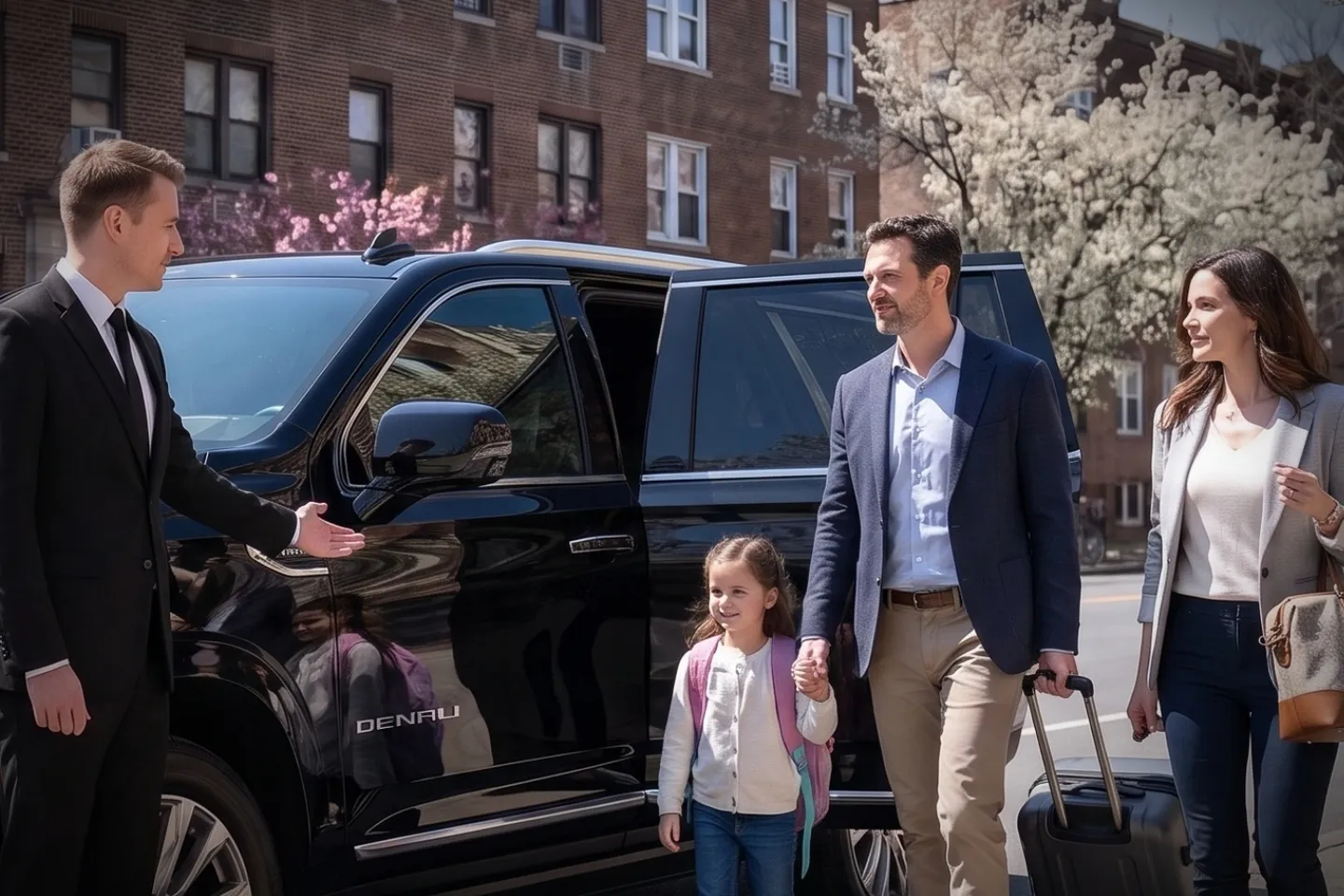 Executive town car idling at a Morris Heights, Bronx apartment entrance