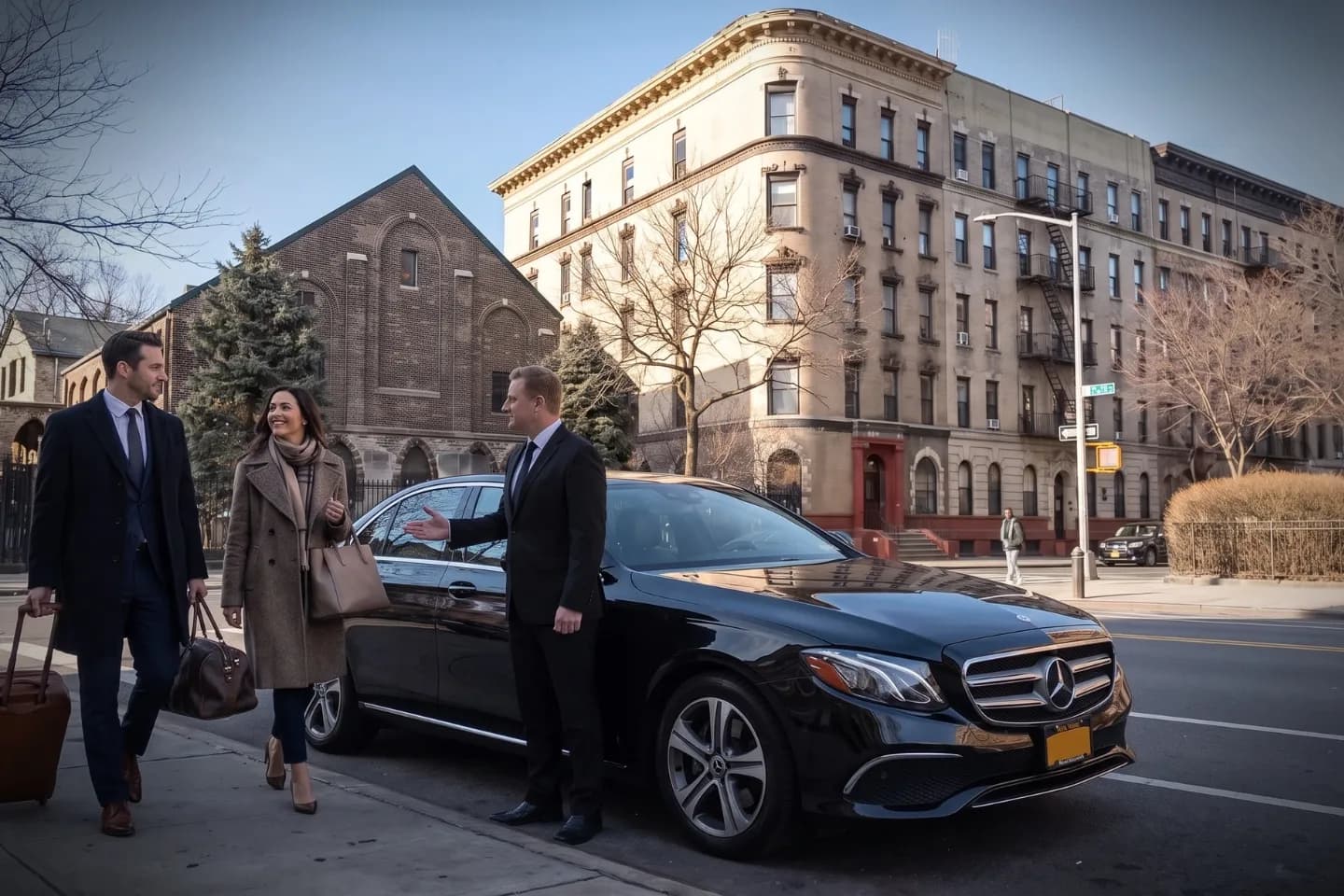 Smiling chauffeur greeting a passenger beside a sedan in Mott Haven, Bronx