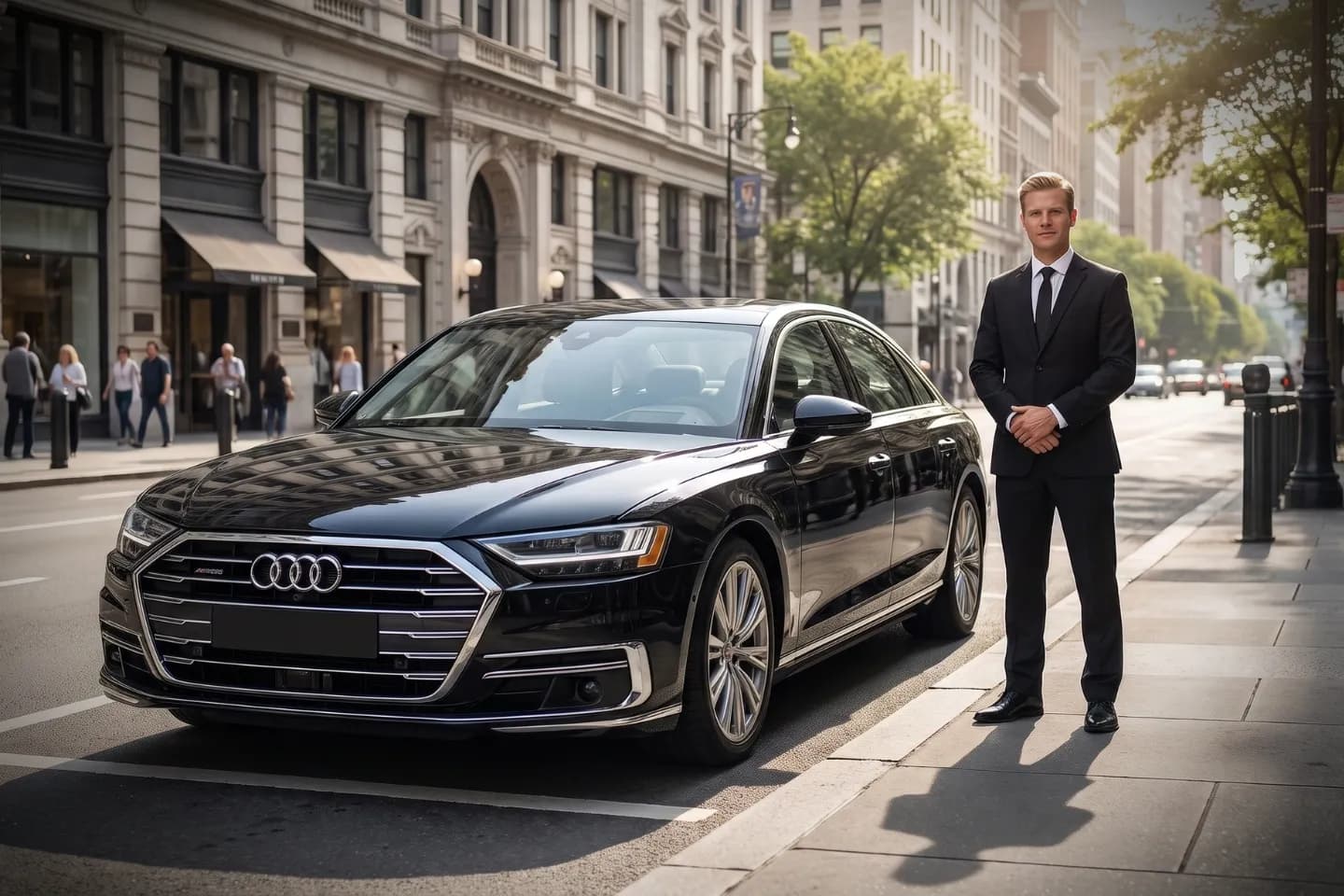 Corporate client boarding a black sedan for a Mt. Hope, Bronx meeting
