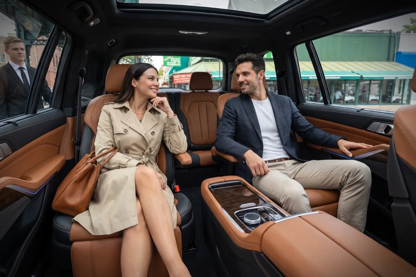 Comfortable leather interior of a private car serving Pelham Bay, Bronx riders