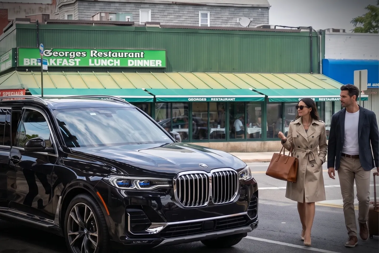 Airport-bound black car picking up a client in Pelham Bay, Bronx NY