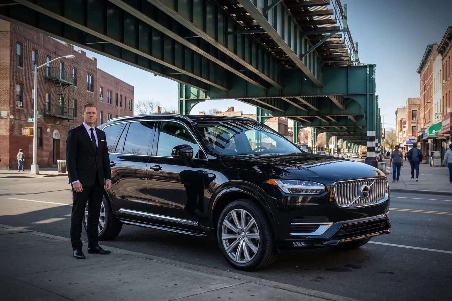 Professional chauffeur opening a rear door for a passenger in Pelham Bay Park, Bronx