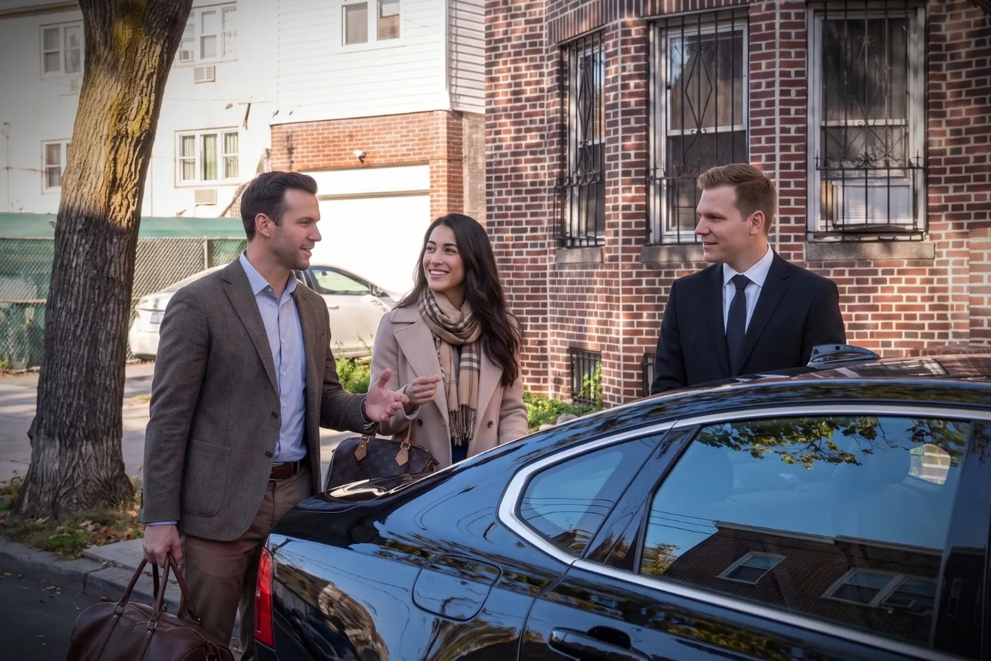 Executive town car idling at a Unionport, Bronx apartment entrance