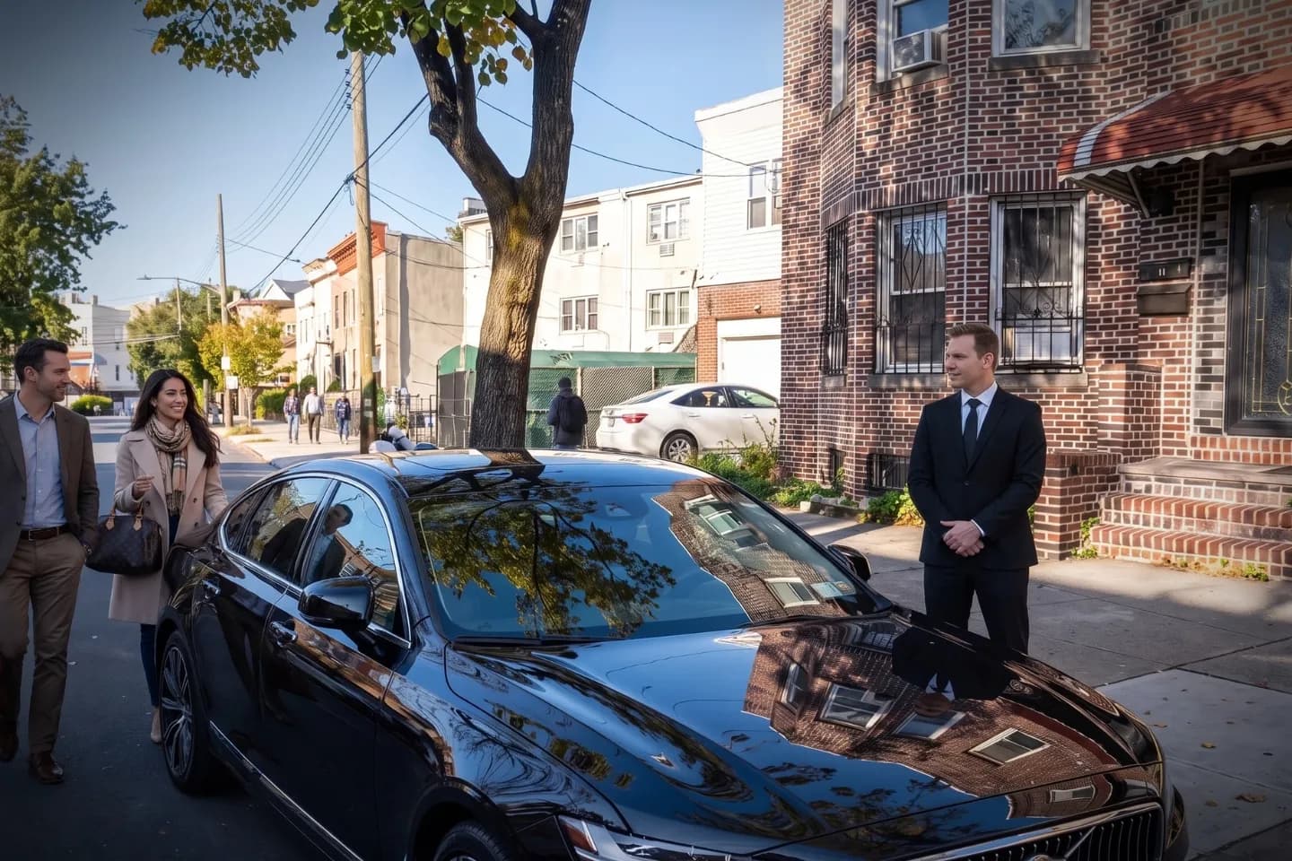 Reliable black car service sedan on a Unionport, Bronx neighborhood road