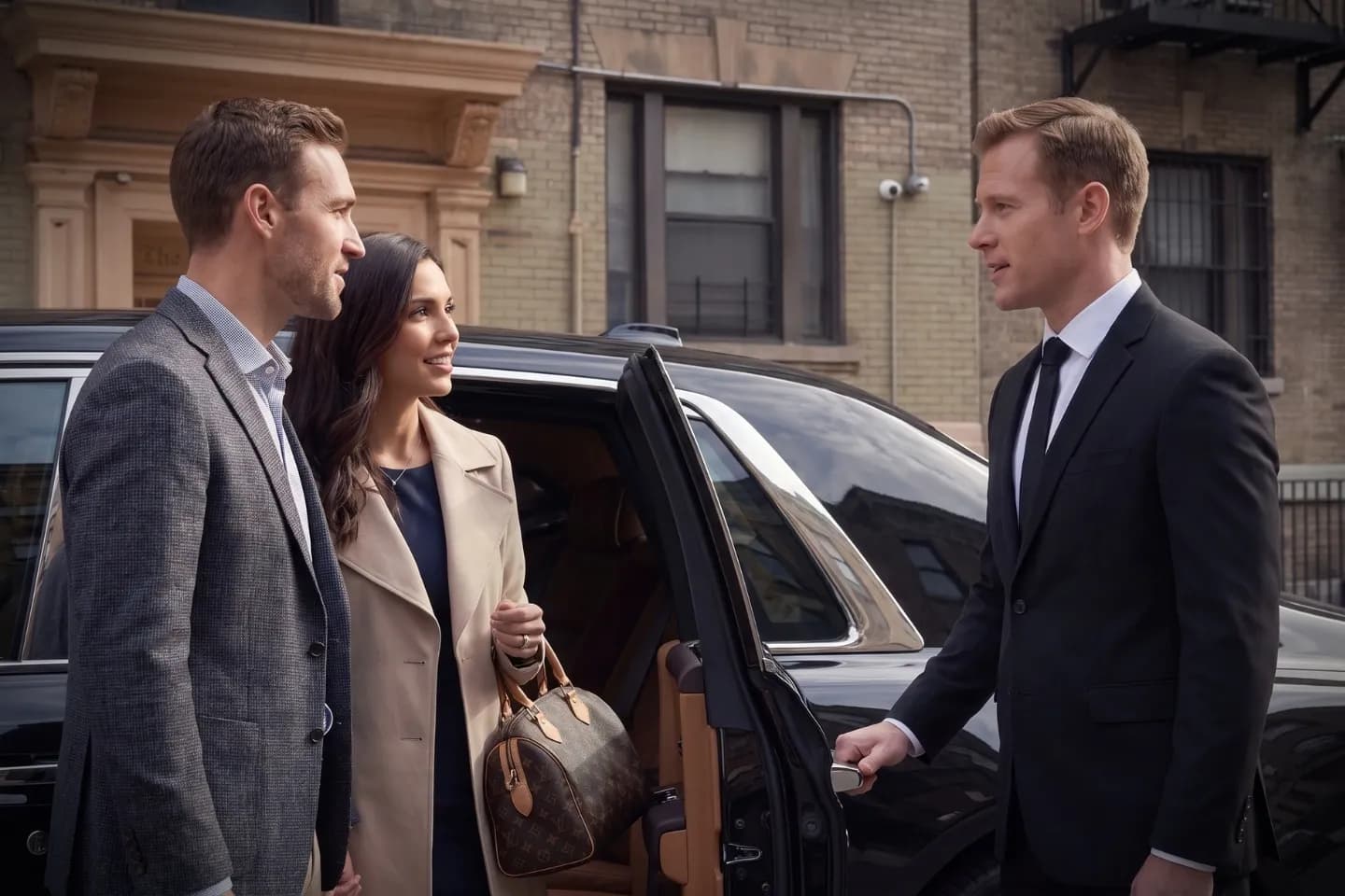 Business traveler boarding an executive sedan in University Heights, Bronx NY