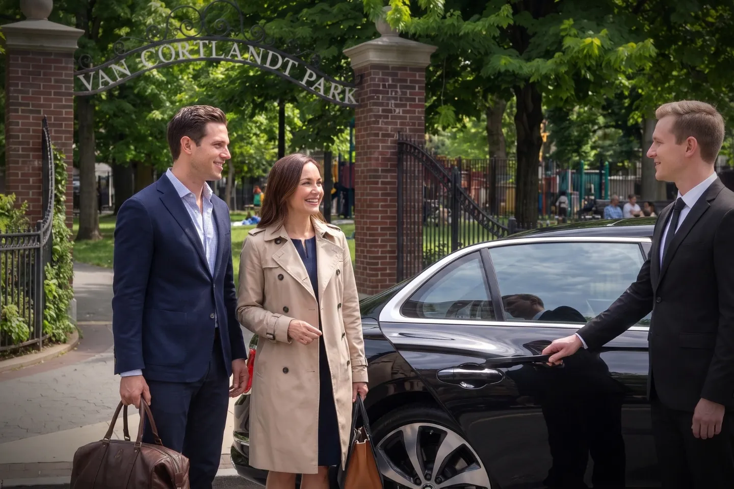 Business traveler boarding an executive sedan in Van Cortlandt Park, Bronx NY