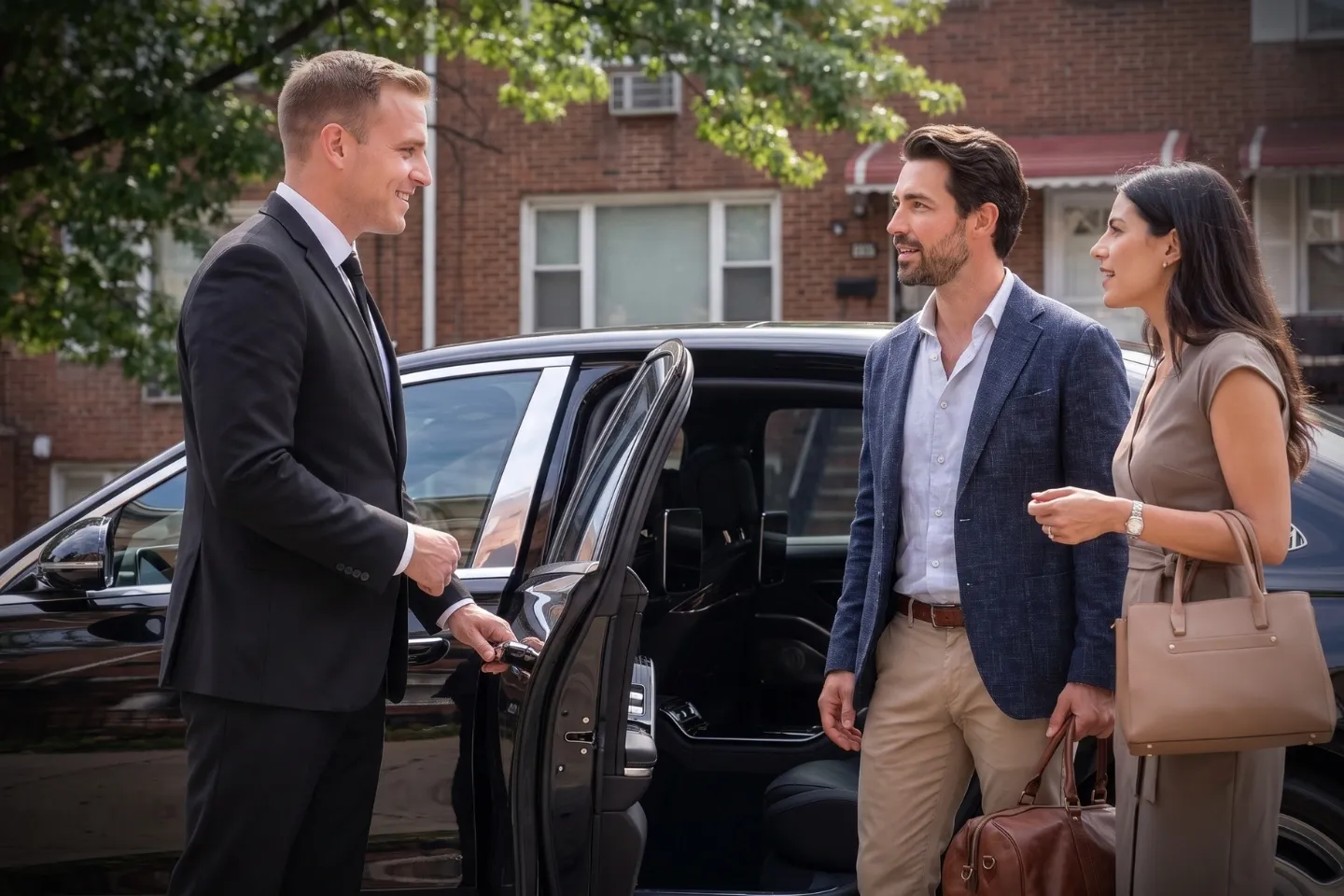 Executive town car idling at a Van Cortlandt Village, Bronx apartment entrance