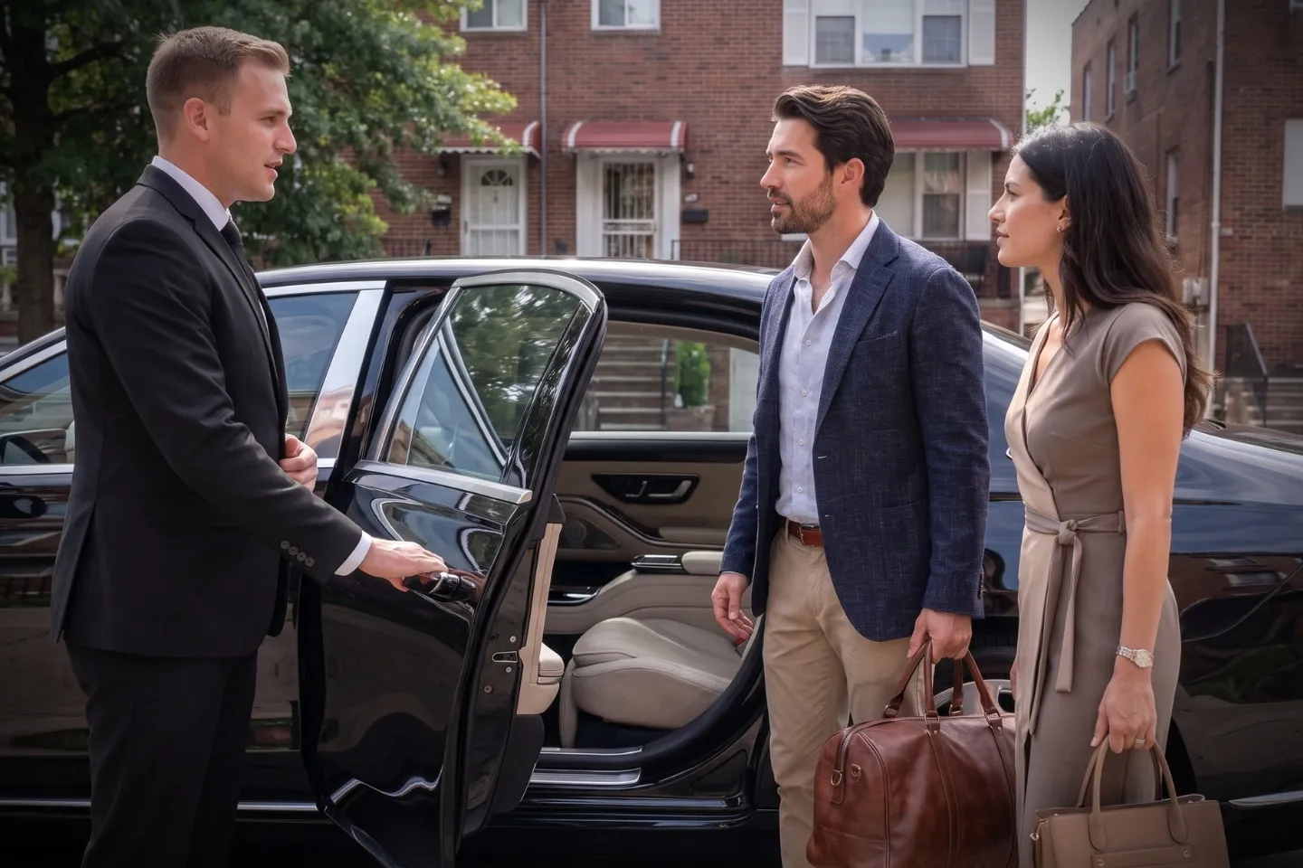 Smiling chauffeur greeting a passenger beside a sedan in Van Cortlandt Village, Bronx