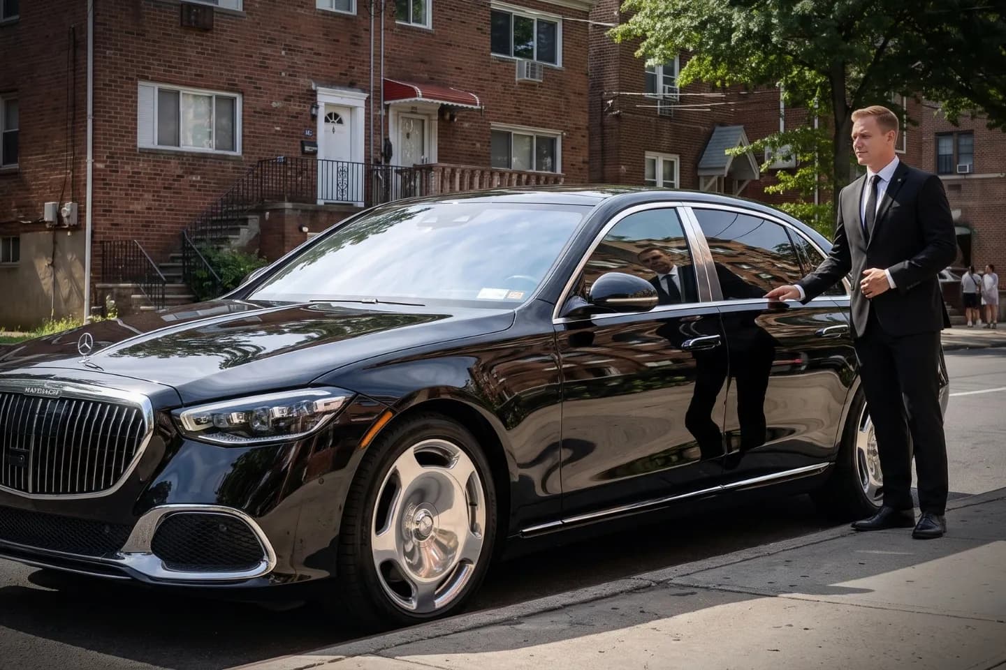 Well-dressed driver holding the door of a limousine in Van Cortlandt Village, Bronx NY