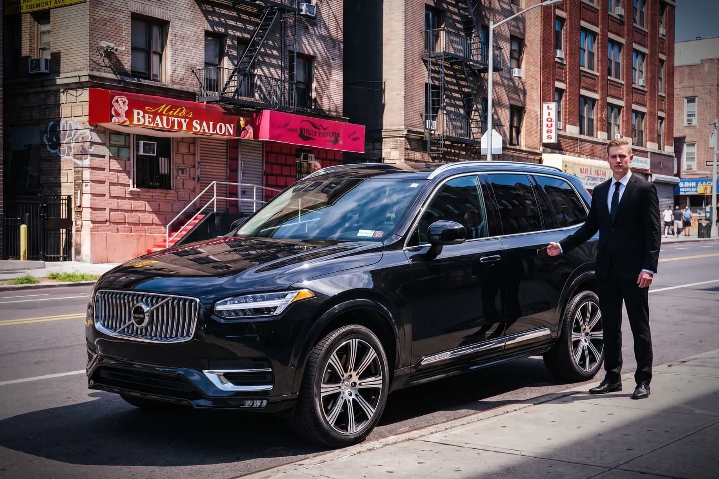 Weekend chauffeur service sedan parked on a quiet West Farms, Bronx block