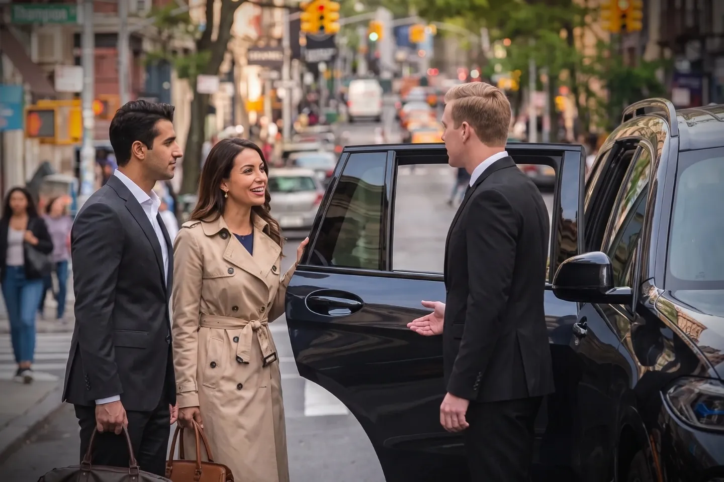 Executive car service vehicle parked on cobblestone SoHo streets in downtown Manhattan