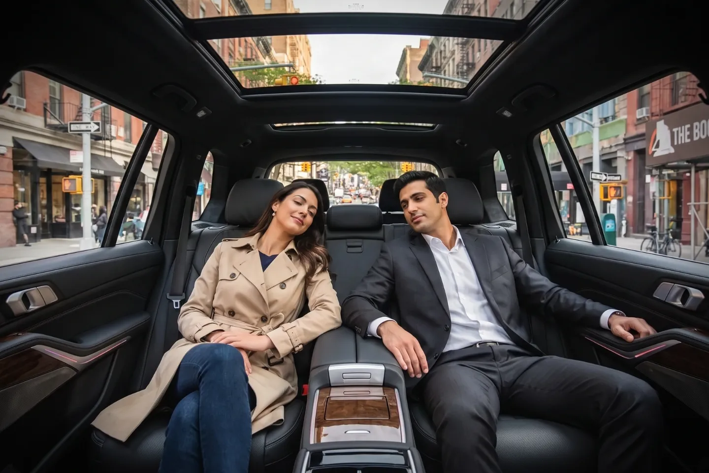Luxury sedan gliding past historic loft buildings in SoHo, Manhattan