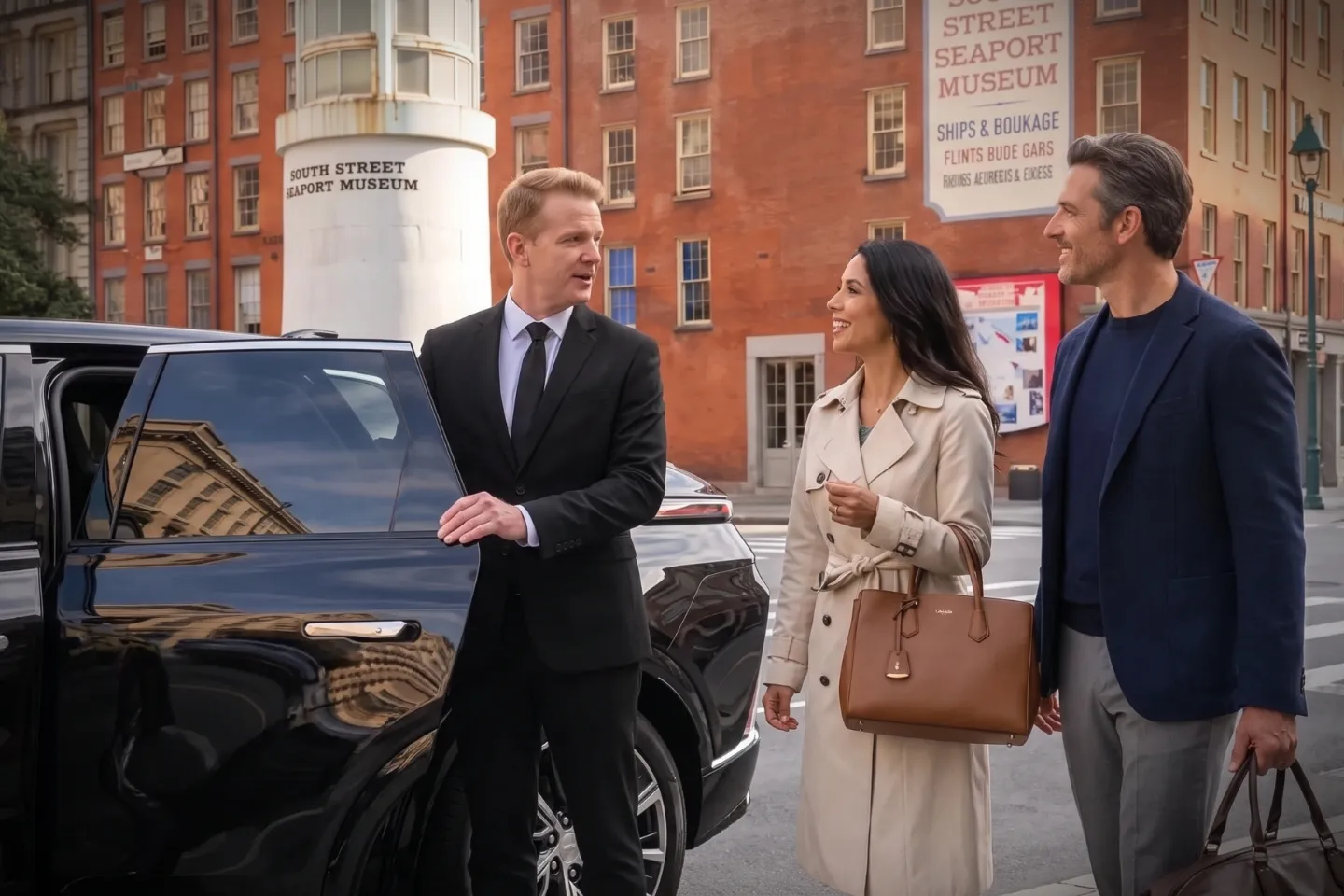 Luxury town car passing historic piers and the Brooklyn Bridge at the Seaport