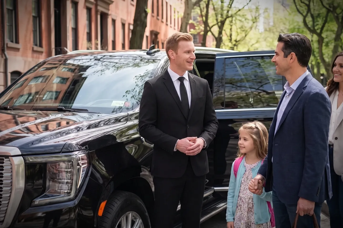 Private town car passing the green courtyards of Stuyvesant Town