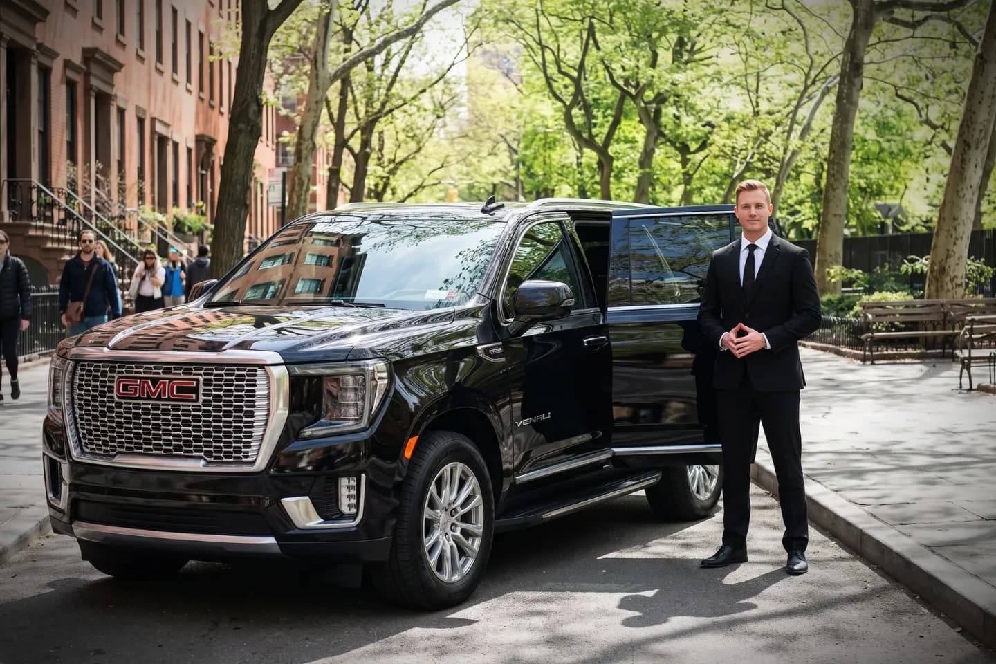 Black luxury sedan parked along a tree-lined path in Stuyvesant Town