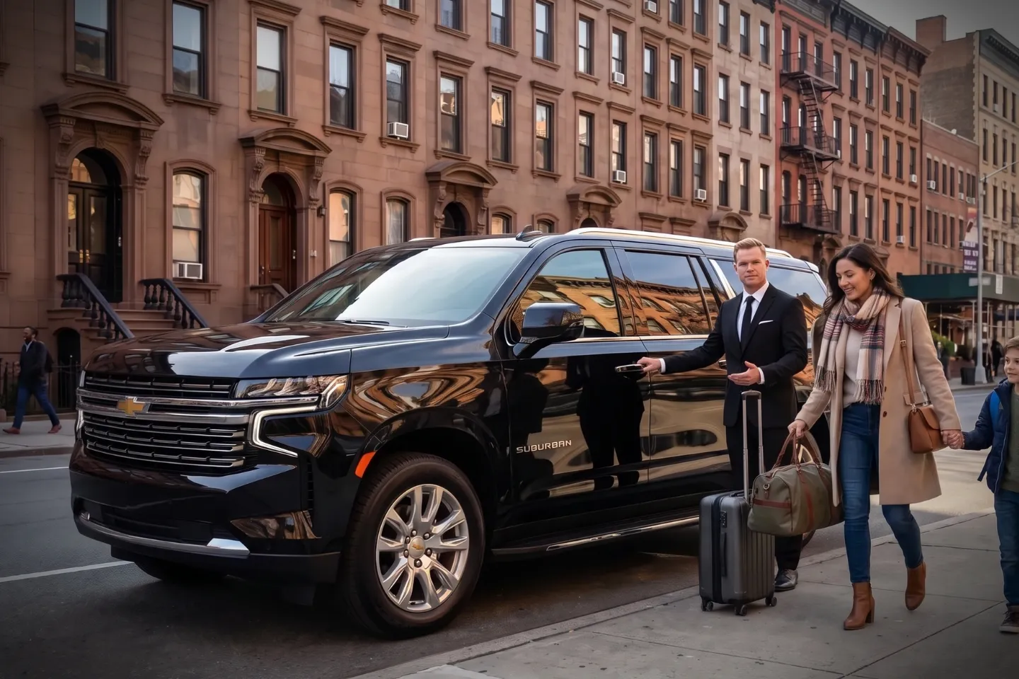 Chauffeur greeting a passenger on a leafy Sugar Hill street in Manhattan