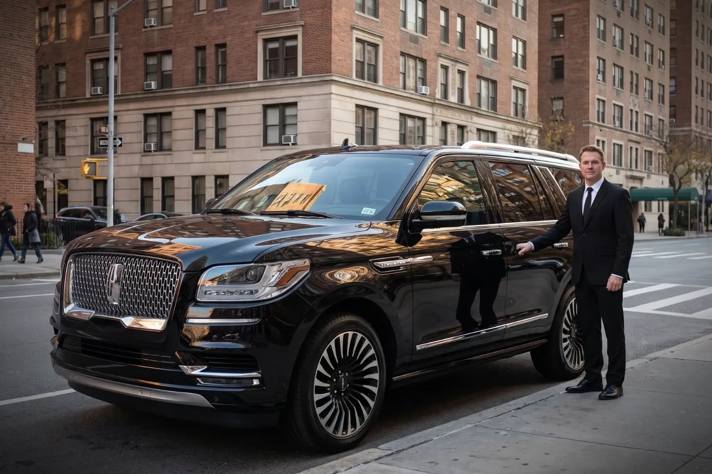 Black luxury sedan waiting along the quiet upscale streets of Sutton Place